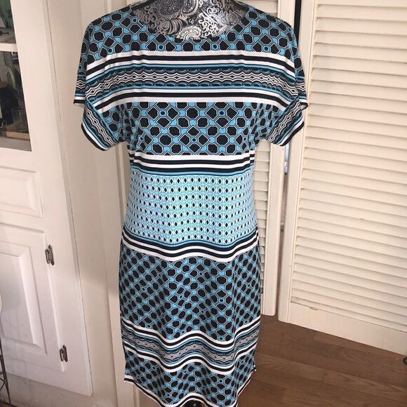 Art Deco Turquoise & Black Print Stretch Shift Dress by WHBM XS - Picture 1 of 8